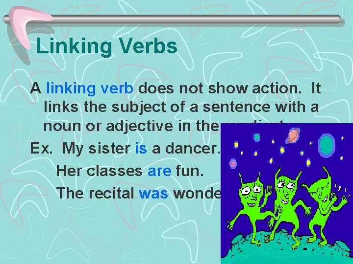 Linking Verbs A linking verb does not show action. It links the subject of
