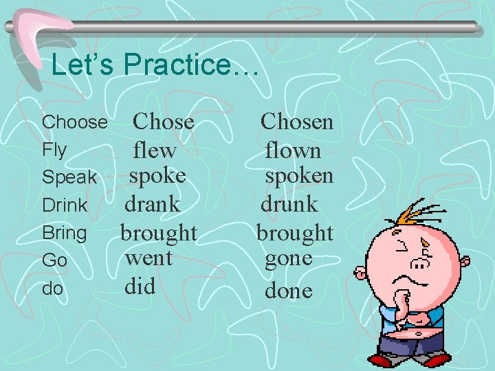 Let’s Practice… Choose Fly Speak Drink Bring Go do Chose flew spoke drank brought