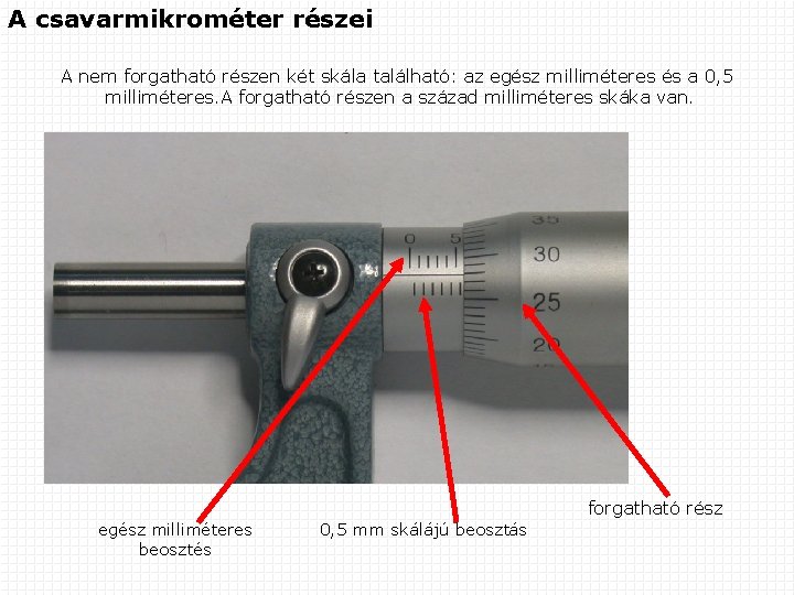 A csavarmikrométer részei A nem forgatható részen két skála található: az egész milliméteres és