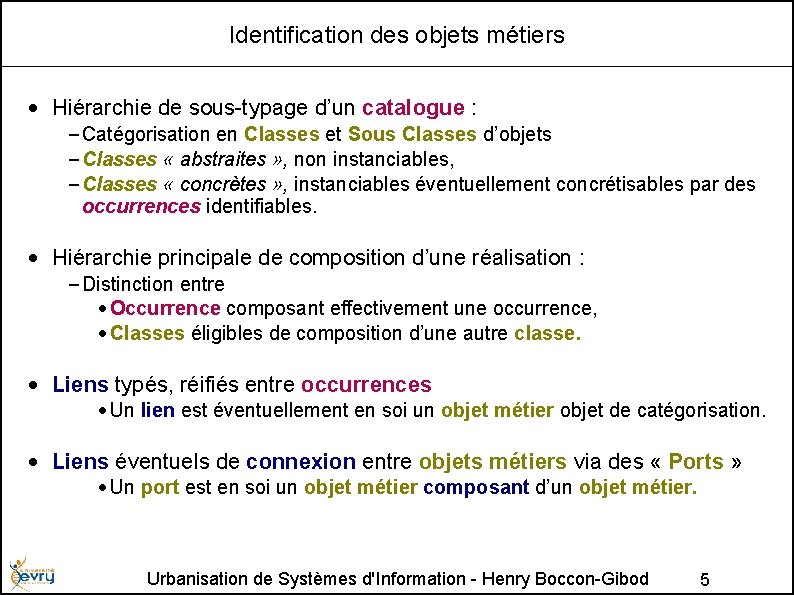 Identification des objets métiers • Hiérarchie de sous-typage d’un catalogue : – Catégorisation en