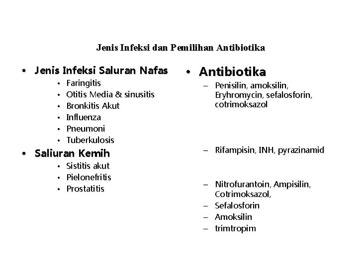 Jenis Infeksi dan Pemilihan Antibiotika • Jenis Infeksi Saluran Nafas • • • Faringitis