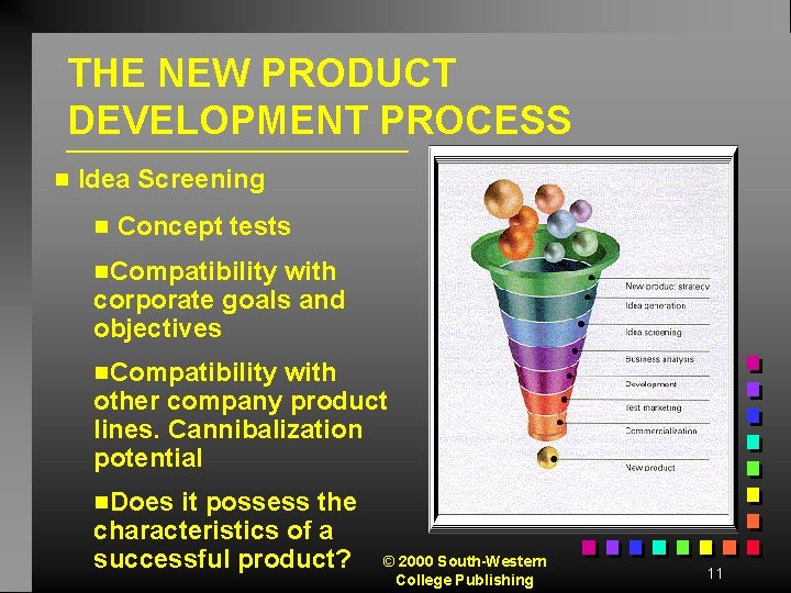 THE NEW PRODUCT DEVELOPMENT PROCESS g Idea Screening g Concept tests Compatibility with corporate