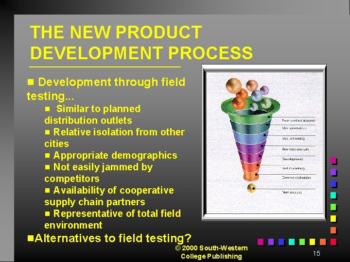 THE NEW PRODUCT DEVELOPMENT PROCESS Development through field testing. . . g Similar to