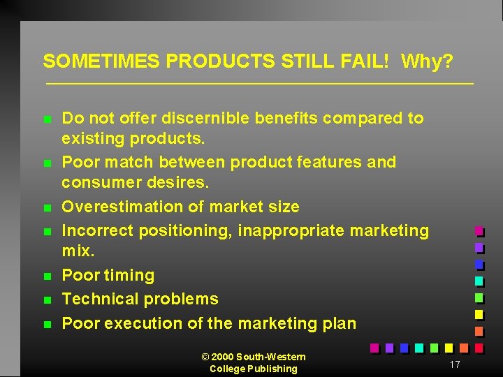 SOMETIMES PRODUCTS STILL FAIL! Why? n n n n Do not offer discernible benefits