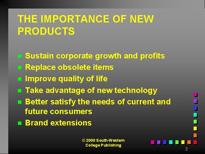 THE IMPORTANCE OF NEW PRODUCTS n n n Sustain corporate growth and profits Replace
