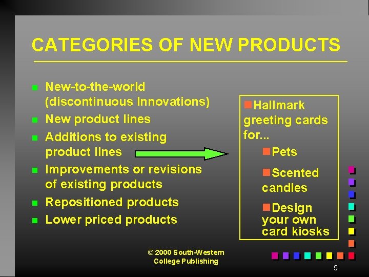 CATEGORIES OF NEW PRODUCTS n n n New-to-the-world (discontinuous Innovations) New product lines Additions