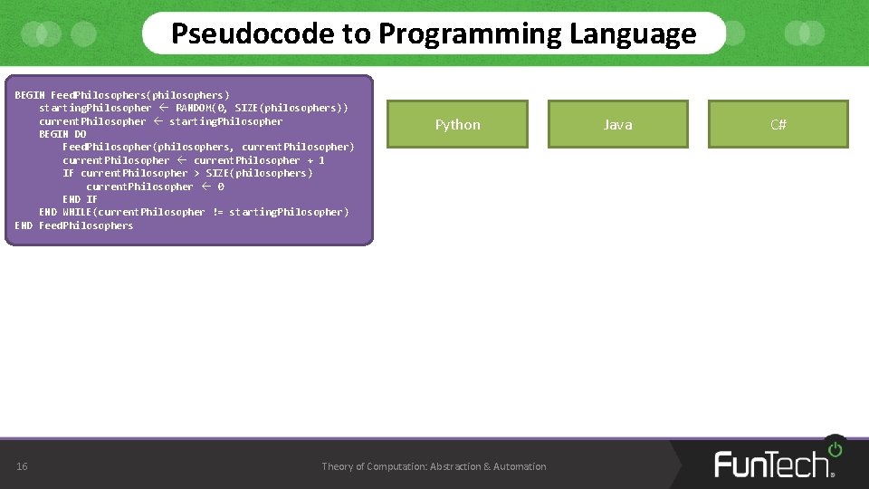 Pseudocode to Programming Language BEGIN Feed. Philosophers(philosophers) starting. Philosopher RANDOM(0, SIZE(philosophers)) current. Philosopher starting.