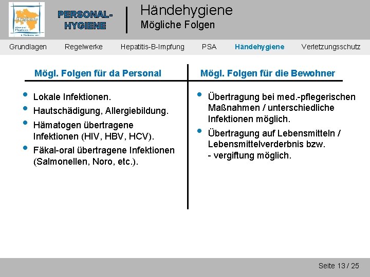 PERSONALHYGIENE Grundlagen Regelwerke Händehygiene Mögliche Folgen Hepatitis-B-Impfung Mögl. Folgen für da Personal • •