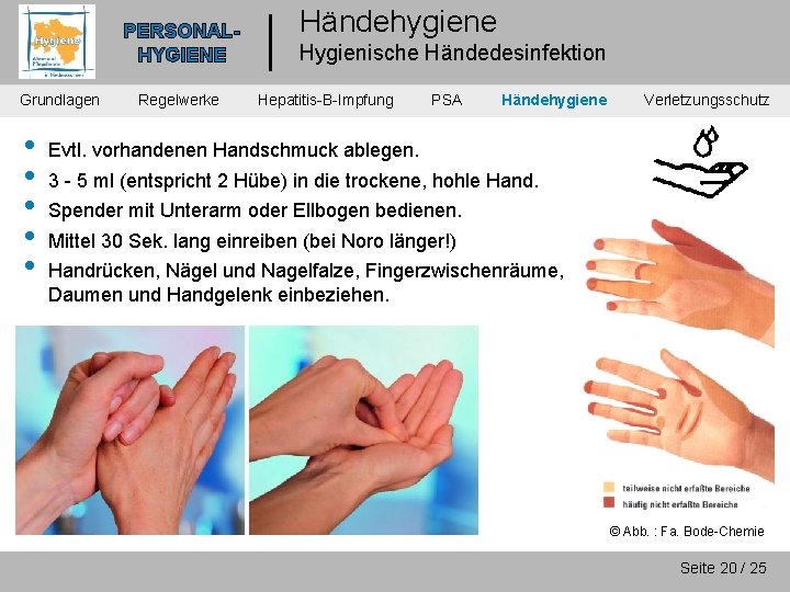 PERSONALHYGIENE Grundlagen • • • Regelwerke Händehygiene Hygienische Händedesinfektion Hepatitis-B-Impfung PSA Händehygiene Verletzungsschutz Evtl.