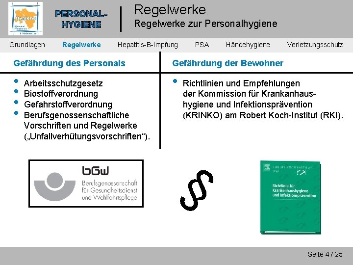 Regelwerke PERSONALHYGIENE Grundlagen Regelwerke zur Personalhygiene Hepatitis-B-Impfung PSA Händehygiene Gefährdung des Personals Gefährdung der