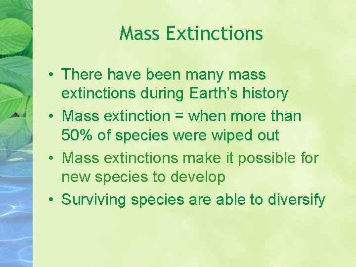Mass Extinctions • There have been many mass extinctions during Earth’s history • Mass