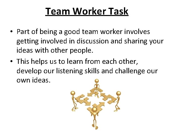 Team Worker Task • Part of being a good team worker involves getting involved