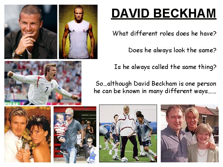 DAVID BECKHAM What different roles does he have? Does he always look the same?