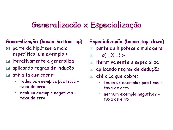 Generalizacão x Especialização Generalização (busca bottom-up) * parte da hipótese a mais específica: um