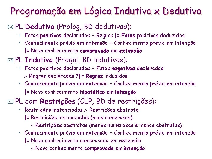 Programação em Lógica Indutiva x Dedutiva * PL Dedutiva (Prolog, BD dedutivas): • Fatos