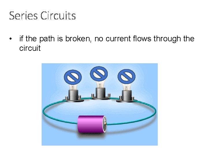 Series Circuits • if the path is broken, no current flows through the circuit