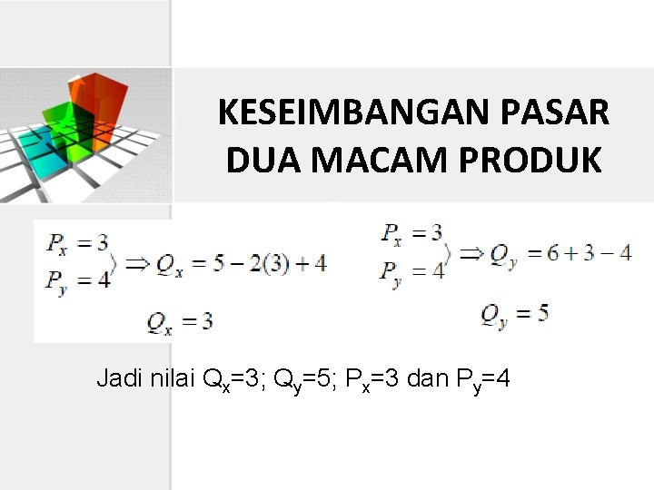 KESEIMBANGAN PASAR DUA MACAM PRODUK Jadi nilai Qx=3; Qy=5; Px=3 dan Py=4 