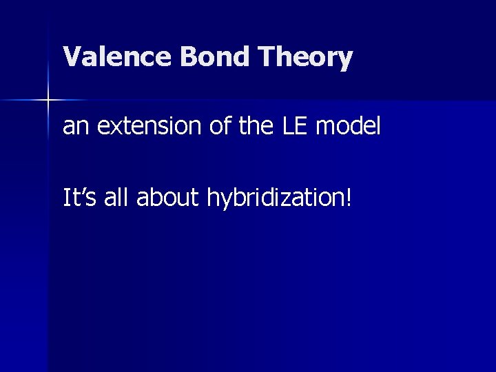 Valence Bond Theory an extension of the LE model It’s all about hybridization! Valence Bond Theory an extension of the LE model It’s all about hybridization!