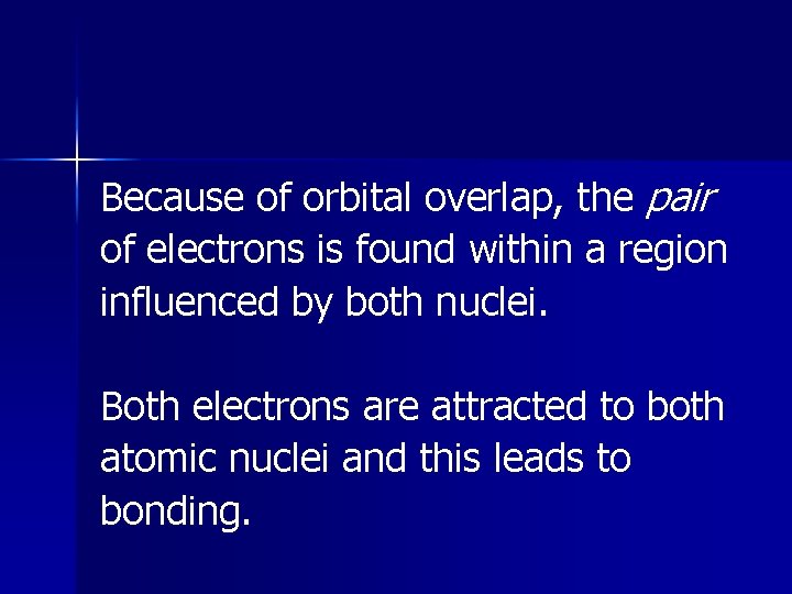 Because of orbital overlap, the pair of electrons is found within a region influenced Because of orbital overlap, the pair of electrons is found within a region influenced
