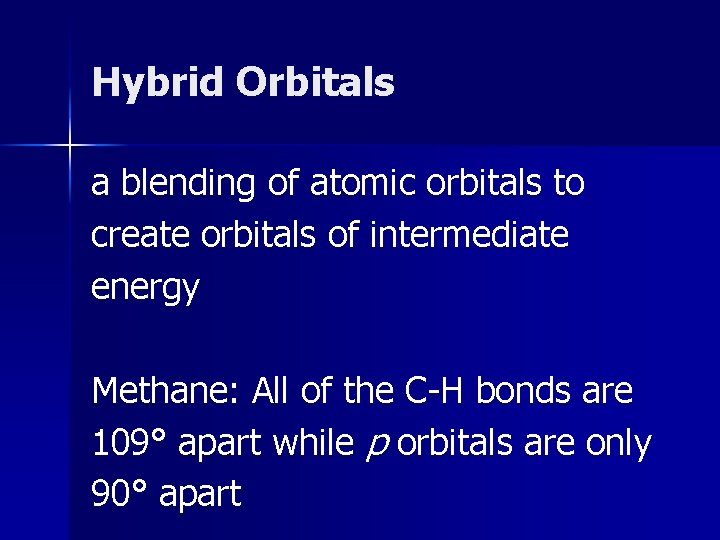 Hybrid Orbitals a blending of atomic orbitals to create orbitals of intermediate energy Methane: Hybrid Orbitals a blending of atomic orbitals to create orbitals of intermediate energy Methane: