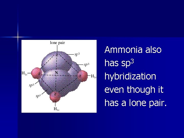 Ammonia also has sp 3 hybridization even though it has a lone pair. Ammonia also has sp 3 hybridization even though it has a lone pair.