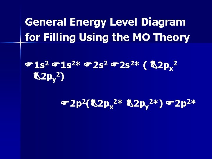 General Energy Level Diagram for Filling Using the MO Theory 1 s 2* 2 General Energy Level Diagram for Filling Using the MO Theory 1 s 2* 2