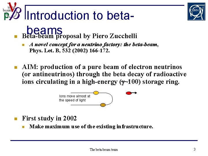 n Introduction to betabeams Beta-beam proposal by Piero Zucchelli n n A novel concept