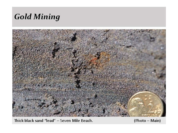 Gold Mining Thick black sand “lead” – Seven Mile Beach. (Photo – Main) 