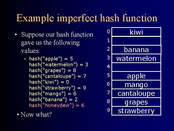 Example imperfect hash function • Suppose our hash function gave us the following values: