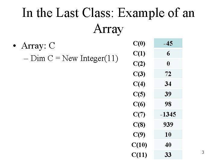 In the Last Class: Example of an Array • Array: C – Dim C