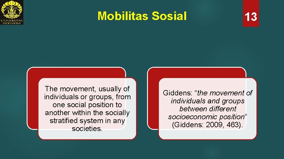 Mobilitas Sosial The movement, usually of individuals or groups, from one social position to