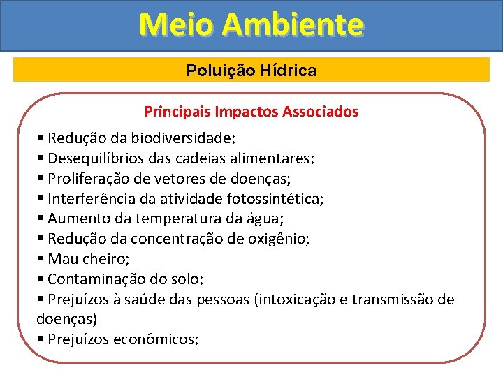 Meio Ambiente Poluição Hídrica Principais Impactos Associados § Redução da biodiversidade; § Desequilíbrios das