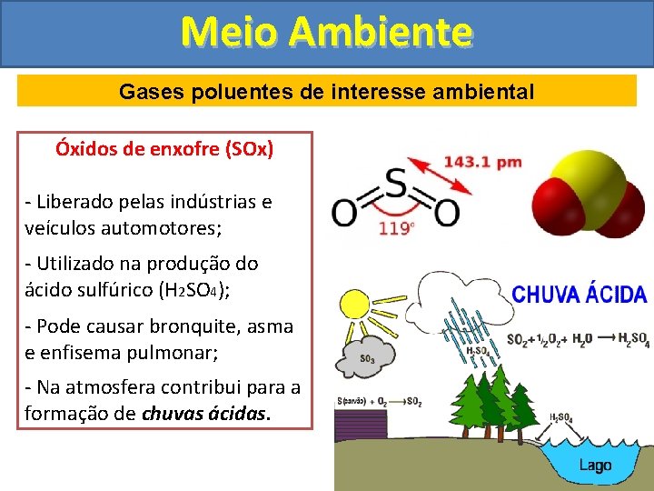 Meio Ambiente Gases poluentes de interesse ambiental Óxidos de enxofre (SOx) - Liberado pelas