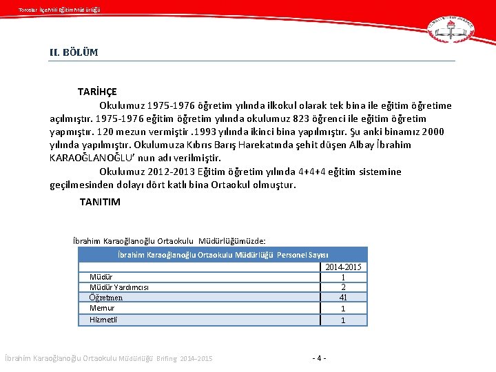 Toroslar İlçe Mili Eğitim Müdürlüğü II. BÖLÜM TARİHÇE Okulumuz 1975 -1976 öğretim yılında ilkokul