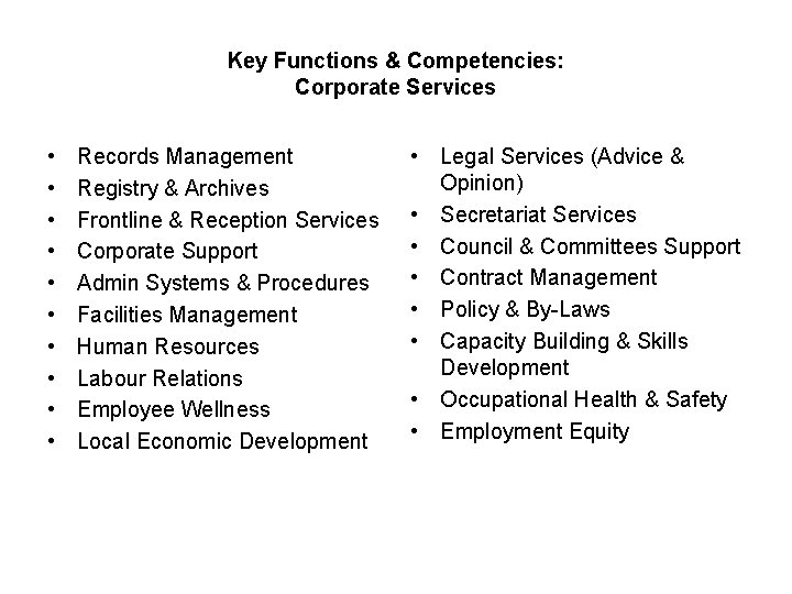 Key Functions & Competencies: Corporate Services • • • Records Management Registry & Archives