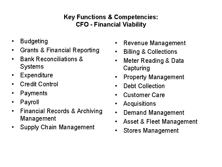 Key Functions & Competencies: CFO - Financial Viability • Budgeting • Grants & Financial