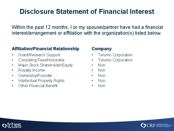 Disclosure Statement of Financial Interest Within the past 12 months, I or my spouse/partner