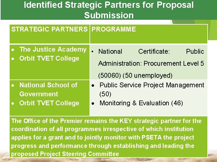 Identified Strategic Partners for Proposal Submission STRATEGIC PARTNERS PROGRAMME HRD Occupations The Justice Academy