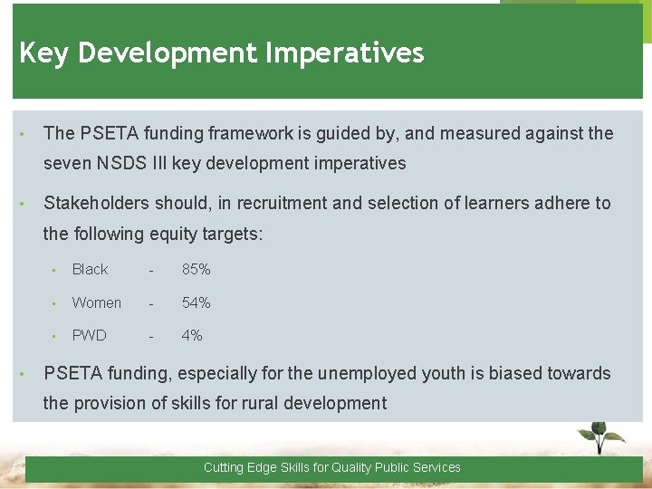 Key Development Imperatives • The PSETA funding framework is guided by, and measured against