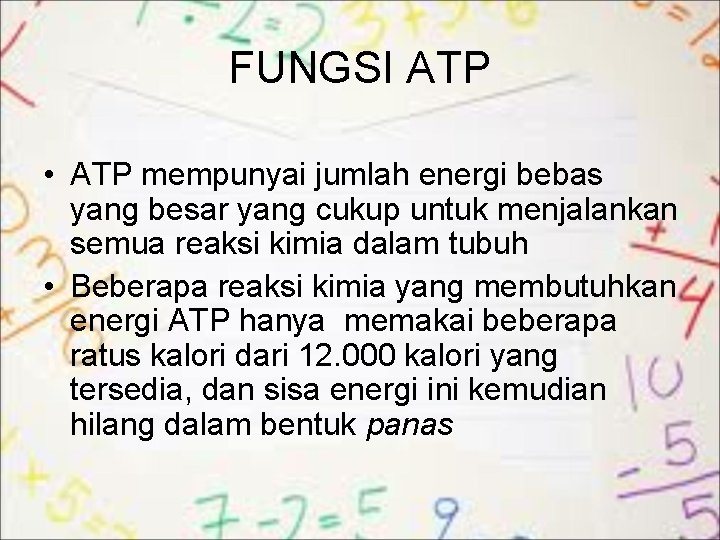 FUNGSI ATP • ATP mempunyai jumlah energi bebas yang besar yang cukup untuk menjalankan