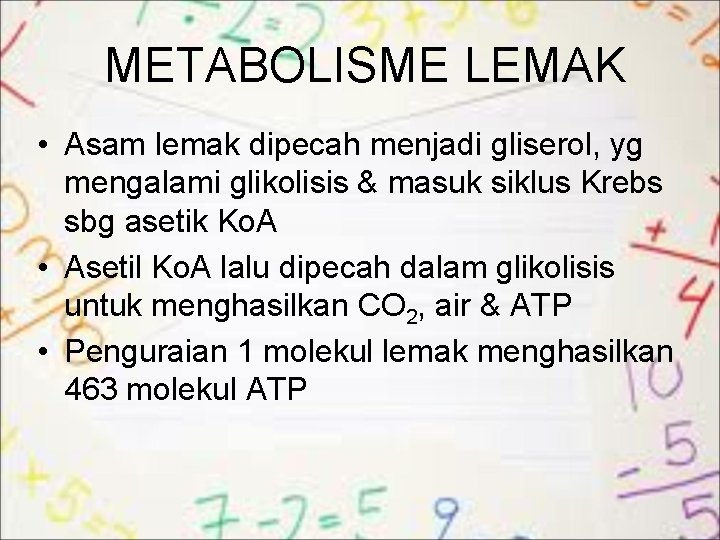 METABOLISME LEMAK • Asam lemak dipecah menjadi gliserol, yg mengalami glikolisis & masuk siklus