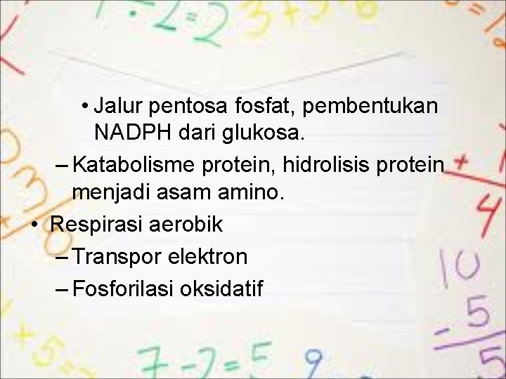  • Jalur pentosa fosfat, pembentukan NADPH dari glukosa. – Katabolisme protein, hidrolisis protein