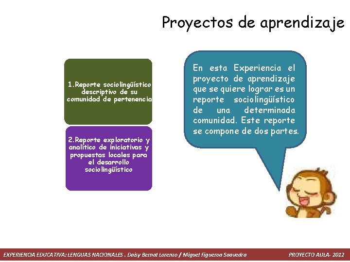 Proyectos de aprendizaje 1. Reporte sociolingüístico descriptivo de su comunidad de pertenencia 2. Reporte