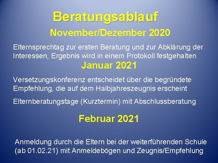 Beratungsablauf November/Dezember 2020 Elternsprechtag zur ersten Beratung und zur Abklärung der Interessen, Ergebnis wird