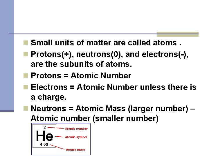 n Small units of matter are called atoms. n Protons(+), neutrons(0), and electrons(-), are