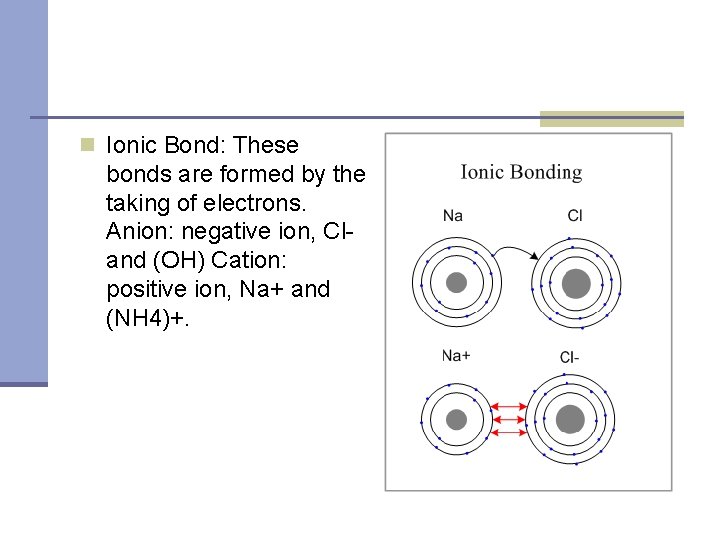 n Ionic Bond: These bonds are formed by the taking of electrons. Anion: negative