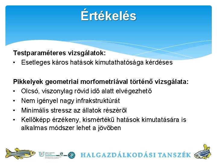 Értékelés Testparaméteres vizsgálatok: • Esetleges káros hatások kimutathatósága kérdéses Pikkelyek geometriai morfometriával történő vizsgálata: