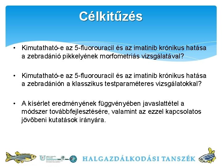 Célkitűzés • Kimutatható-e az 5 -fluorouracil és az imatinib krónikus hatása a zebradánió pikkelyének