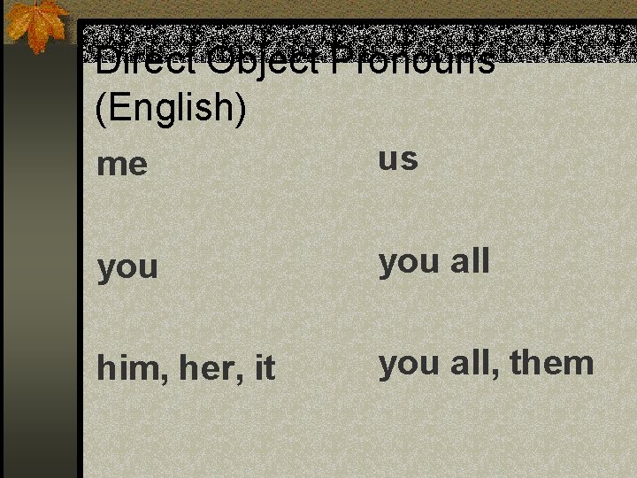 Direct Object Pronouns (English) me us you all him, her, it you all, them