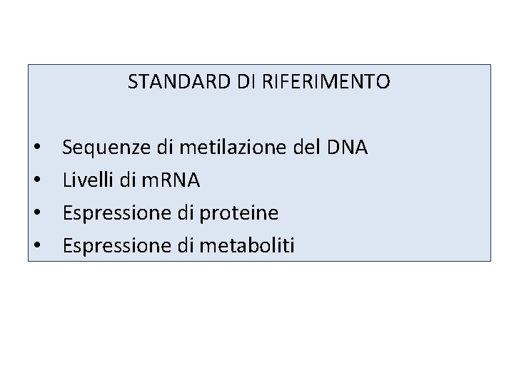 STANDARD DI RIFERIMENTO • • Sequenze di metilazione del DNA Livelli di m. RNA